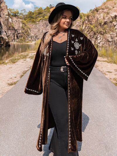 Plus Size Embroidery Velvety Open Front Long Sleeve Cardigan