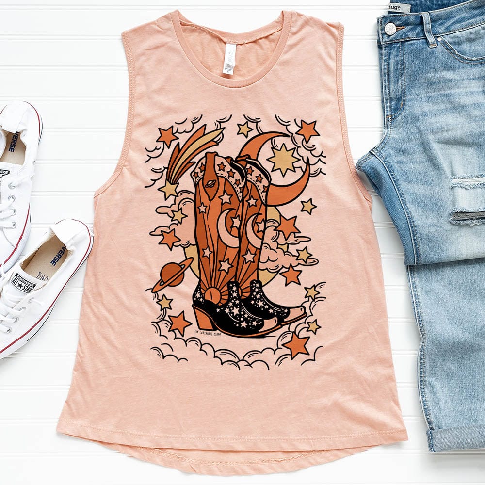 Cosmic Boots & Stars Tank - boots, cactus, cactus design, cactus print, cosmic, cosmic cowboy, cowboy boots, cowgirl, cowgirl style, hat, horse, muscle tank, southwestern, tank top, tank tops, western, westerngraphictee, womens muscle tank, womens tank -  - Baha Ranch Western Wear
