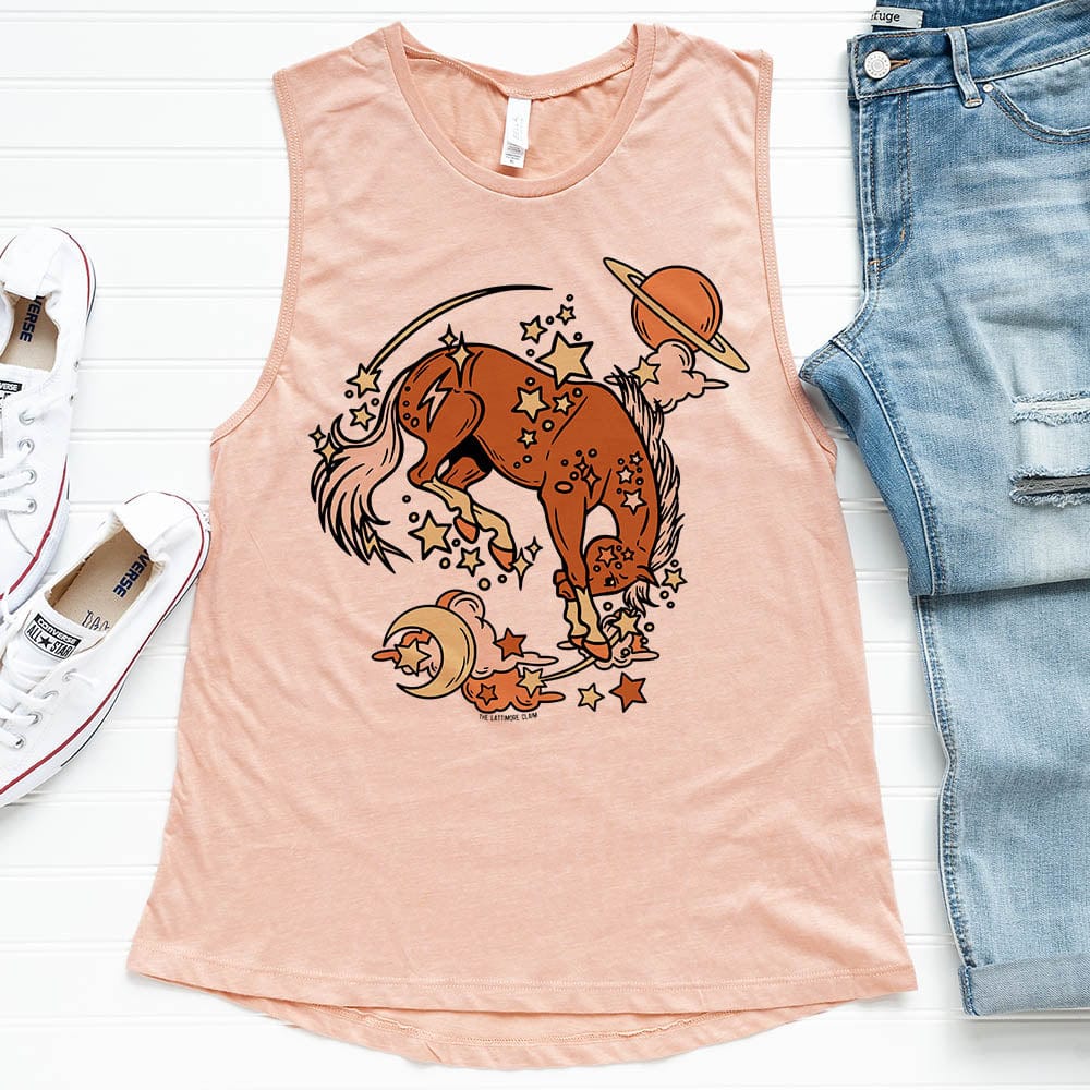 Cosmic Horse & Stars Tank - cactus, cactus design, cactus print, cosmic, cosmic cowboy, cowboy boots, cowgirl, cowgirl style, hat, horse, muscle tank, southwestern, tank top, tank tops, western, westerngraphictee, womens muscle tank, womens tank -  - Baha Ranch Western Wear