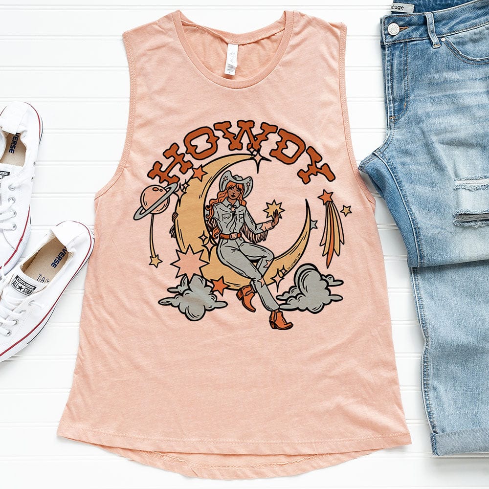 Cosmic Cowgirl Howdy Tank - cactus, cactus design, cactus print, cosmic, cosmic cowboy, cowboy boots, cowgirl, cowgirl style, muscle tank, southwestern, tank top, tank tops, western, westerngraphictee, womens muscle tank, womens tank -  - Baha Ranch Western Wear