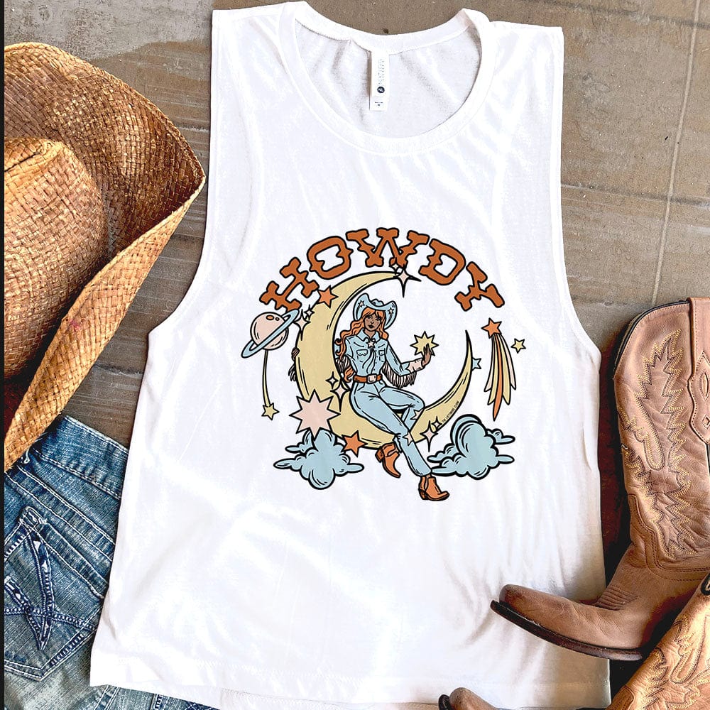 Howdy Cosmic Cowgirl Tank - cactus, cactus design, cactus print, cosmic, cosmic cowboy, cowboy boots, cowgirl, cowgirl style, muscle tank, southwestern, tank top, tank tops, western, westerngraphictee, womens muscle tank, womens tank -  - Baha Ranch Western Wear
