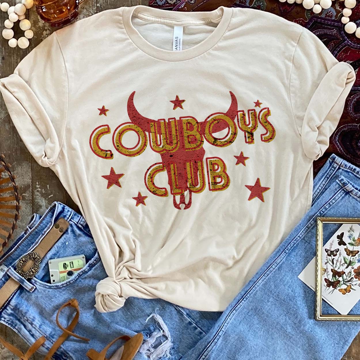 Cowboys Club Tee - bull head tee, bullhead, cowboy, cowboys, cowboys club, cowgirls, cream, cream tee, graohictee, graphic, graphic tee, graphic tees, shirt, star, stars, tee, tee shirt, tees, teeshirt, unisex tee, westeern, western, westerngraphictee, westerntee -  - Baha Ranch Western Wear