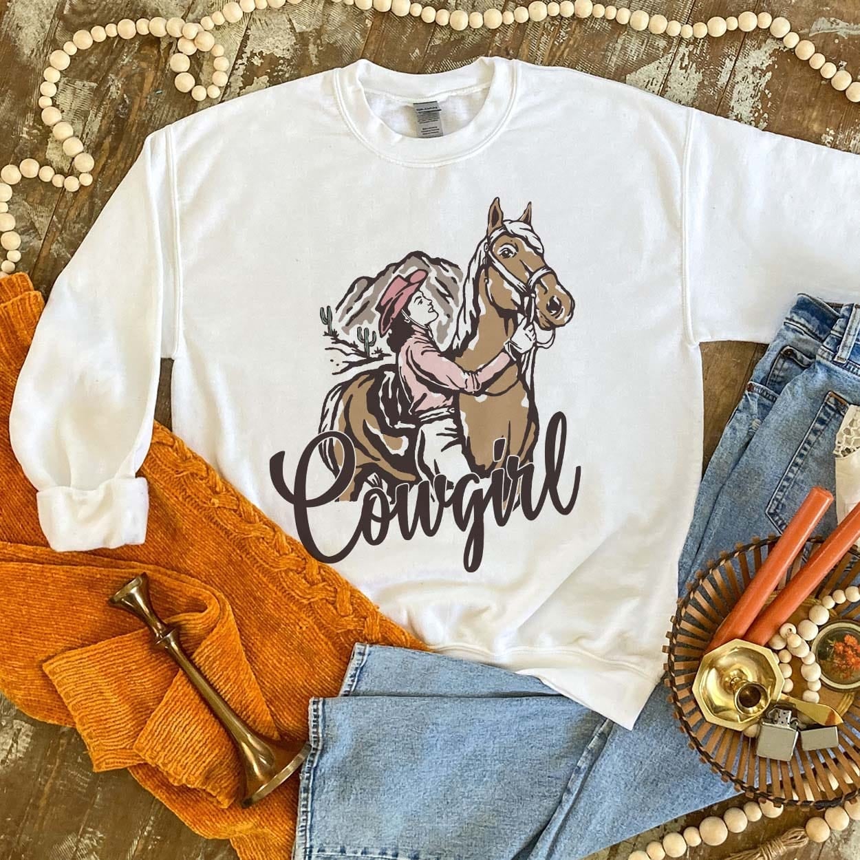Cowgirl  Sweatshirt - boot, boots, cowboy hat, cowgirl, cowgirl hat, horseshoe, horseshoes, southwestern, sweat shirt, sweater, sweatshir, sweatshirt, western, white, white sweatshirt -  - Baha Ranch Western Wear