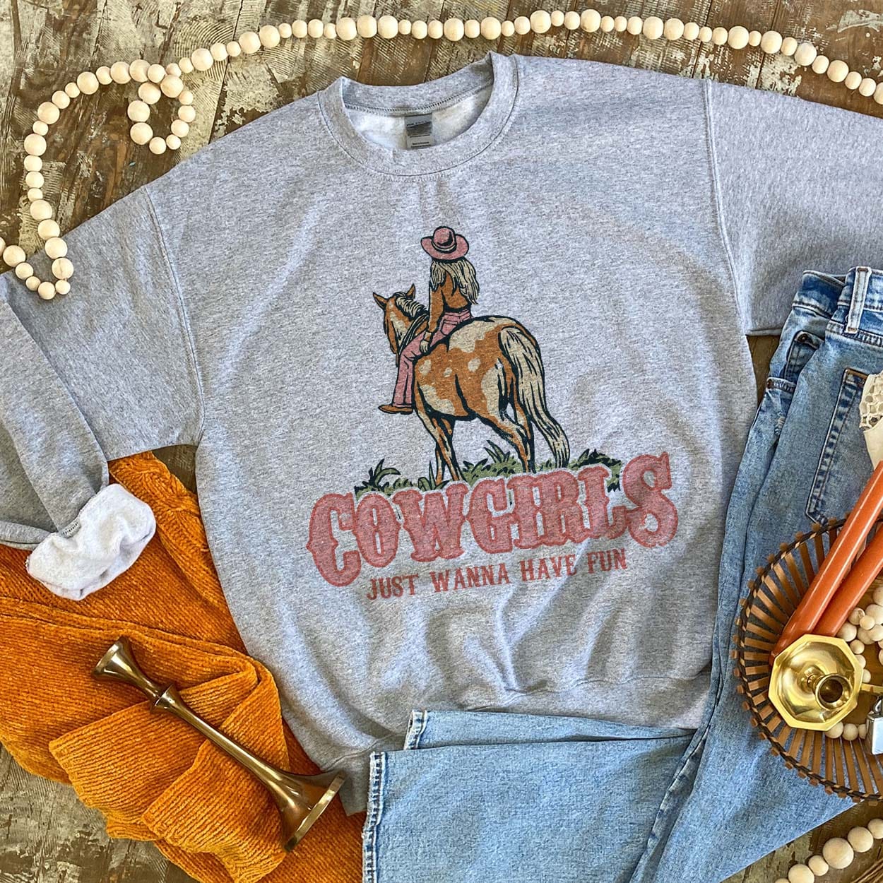 Cowgirls Just Wanna Have Fun Sweatshirt - boot, boots, cowboy hat, cowgirl, cowgirl hat, horseshoe, horseshoes, southwestern, sweat shirt, sweater, sweatshir, sweatshirt, western, white, white sweatshirt -  - Baha Ranch Western Wear