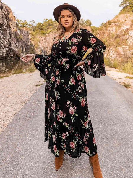 Boho Floral Plus Size Flare Sleeve Dress