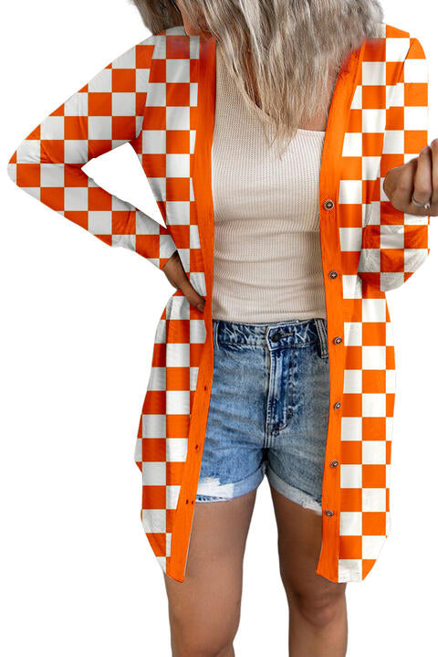 Texas Orange Checkered Button Up Long Cardigan