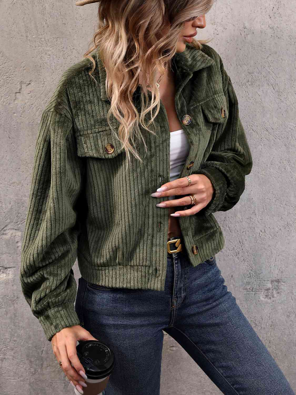 Corduroy Button Front Jacket with Pockets