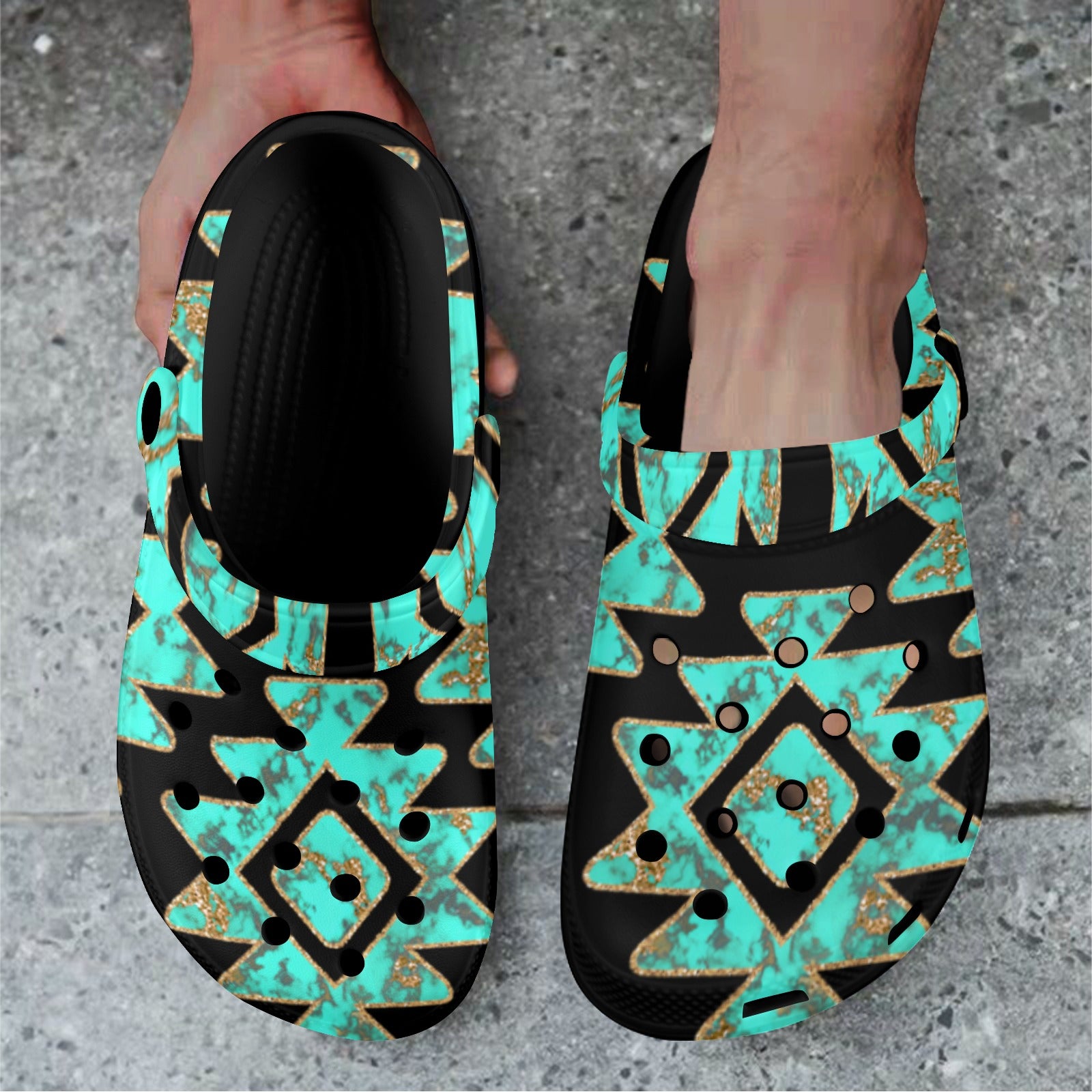 Turquoise Gold Aztec Clog Shoes