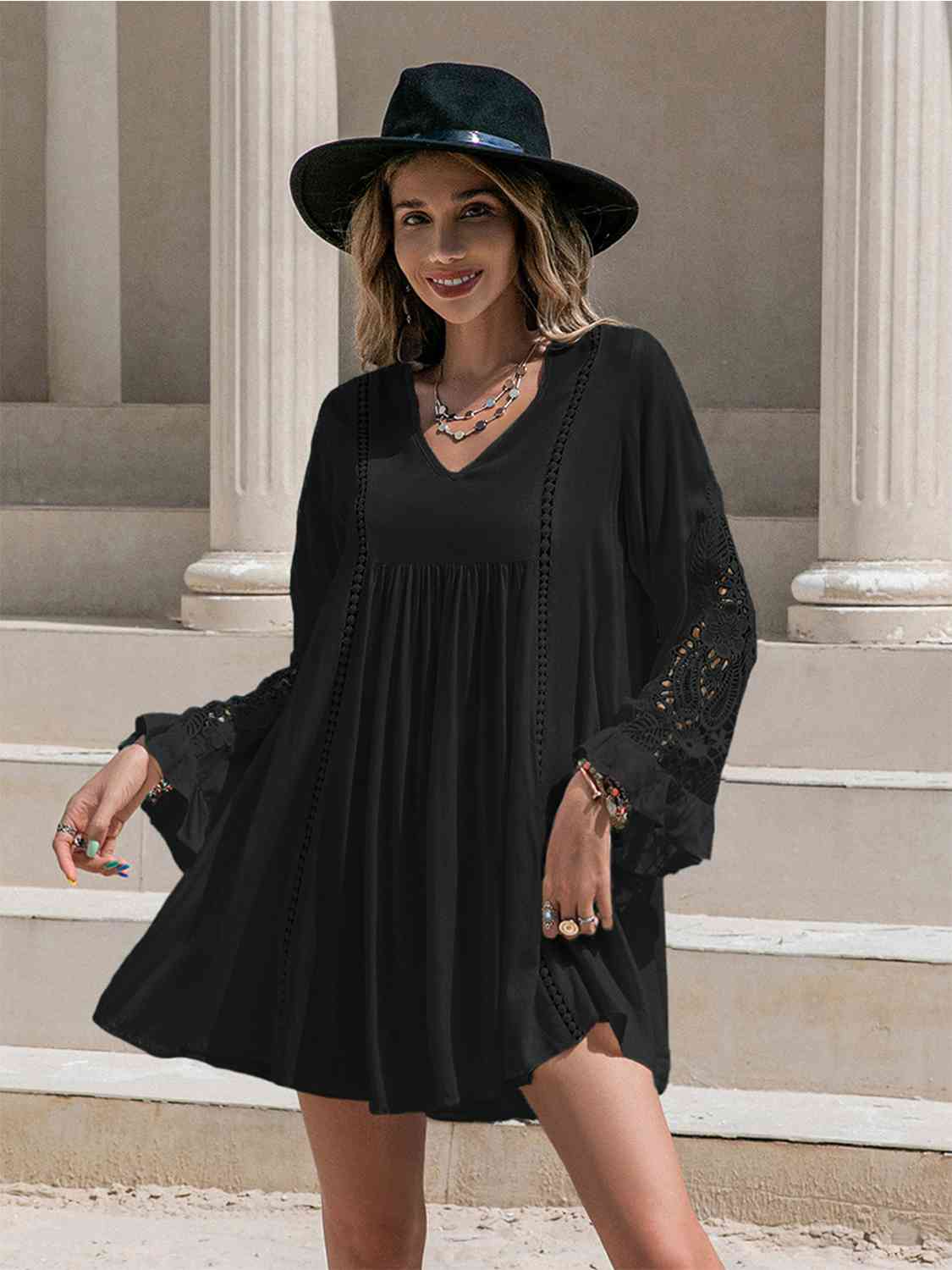 Black Lace Detail V-Neck Mini Dress