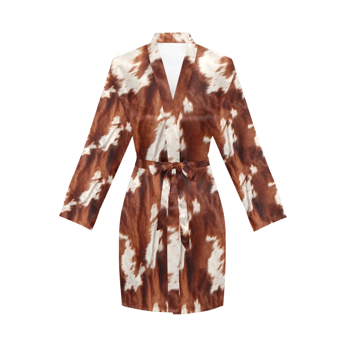 Brown Cow Print Women's Long Sleeve Belted Satin Feel Dressing Lounge Robe