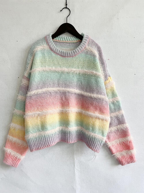 Striped Round Neck Long Sleeve Sweater choice of colors