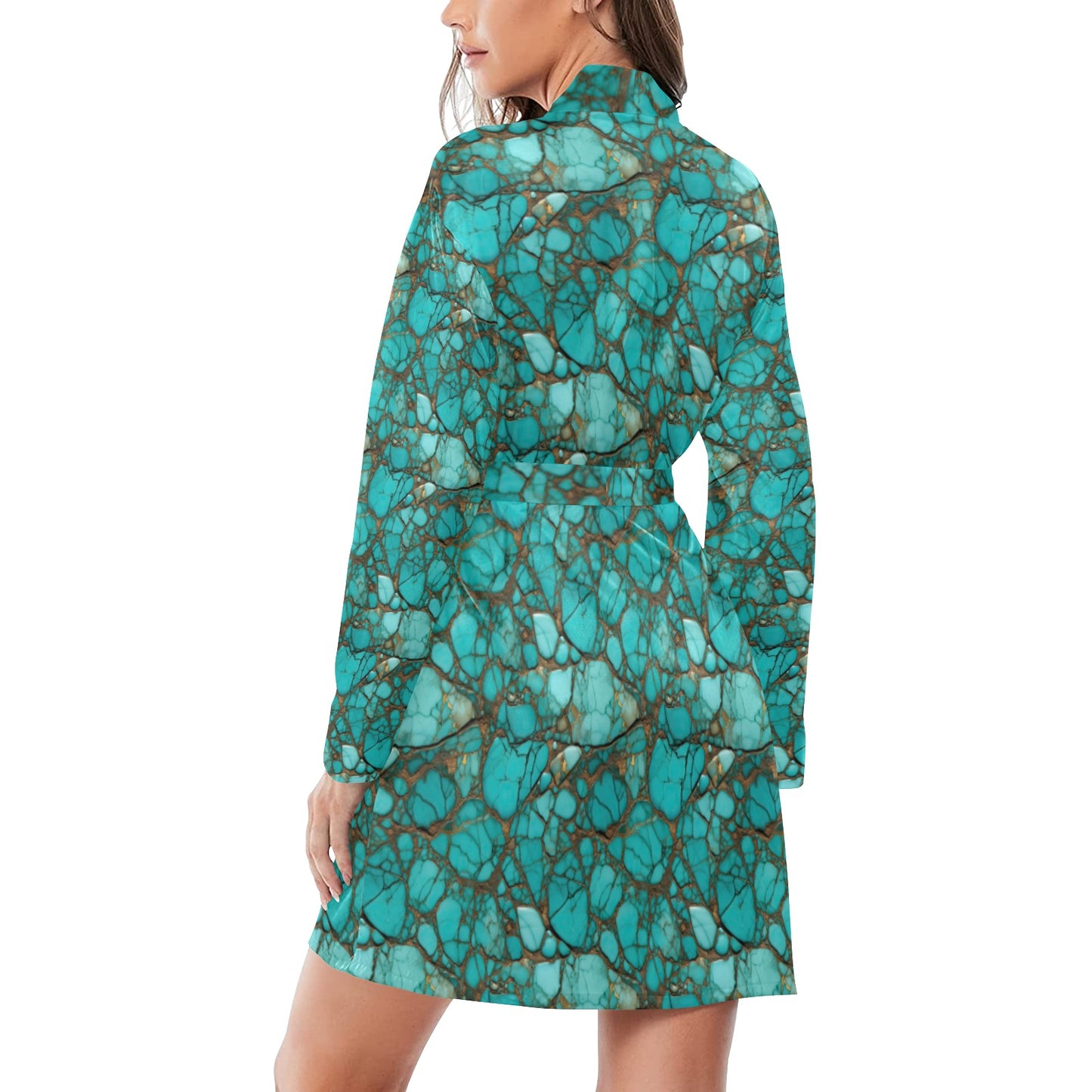 All Turquoise Women's Long Sleeve Belted Satin Feel Dressing Lounge Robe