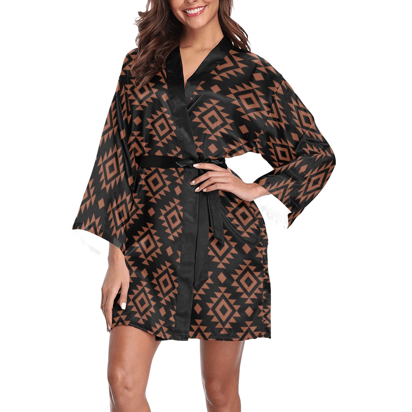 Brown Black Aztec Women's Lounge Kimono Robe