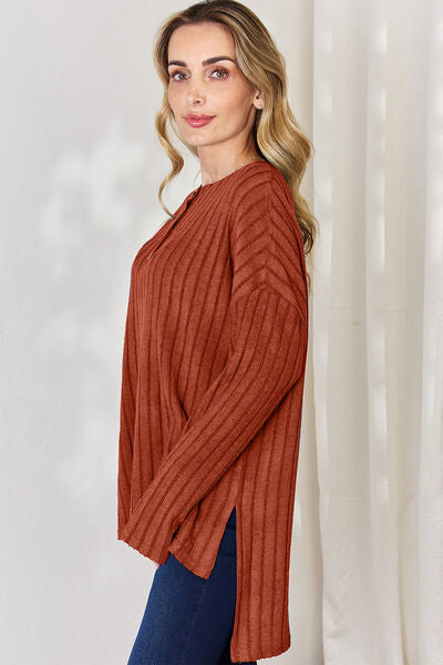 Basic Bae Full Size Ribbed Half Button Long Sleeve High-Low Tunic choice of colors