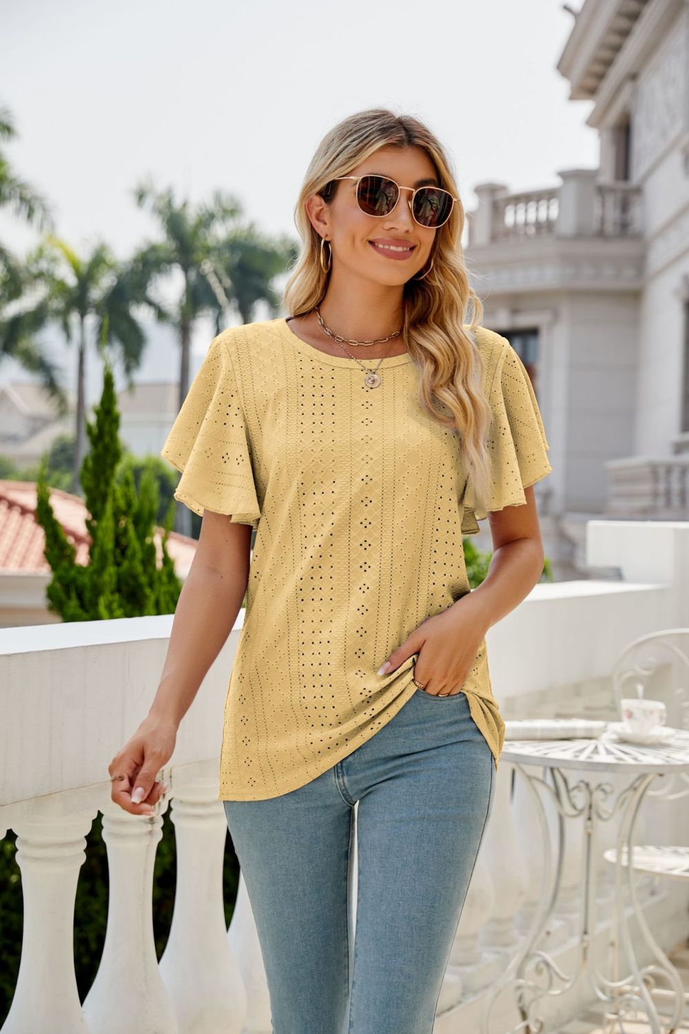Eyelet Flutter Sleeve Round Neck Top  choice of colors