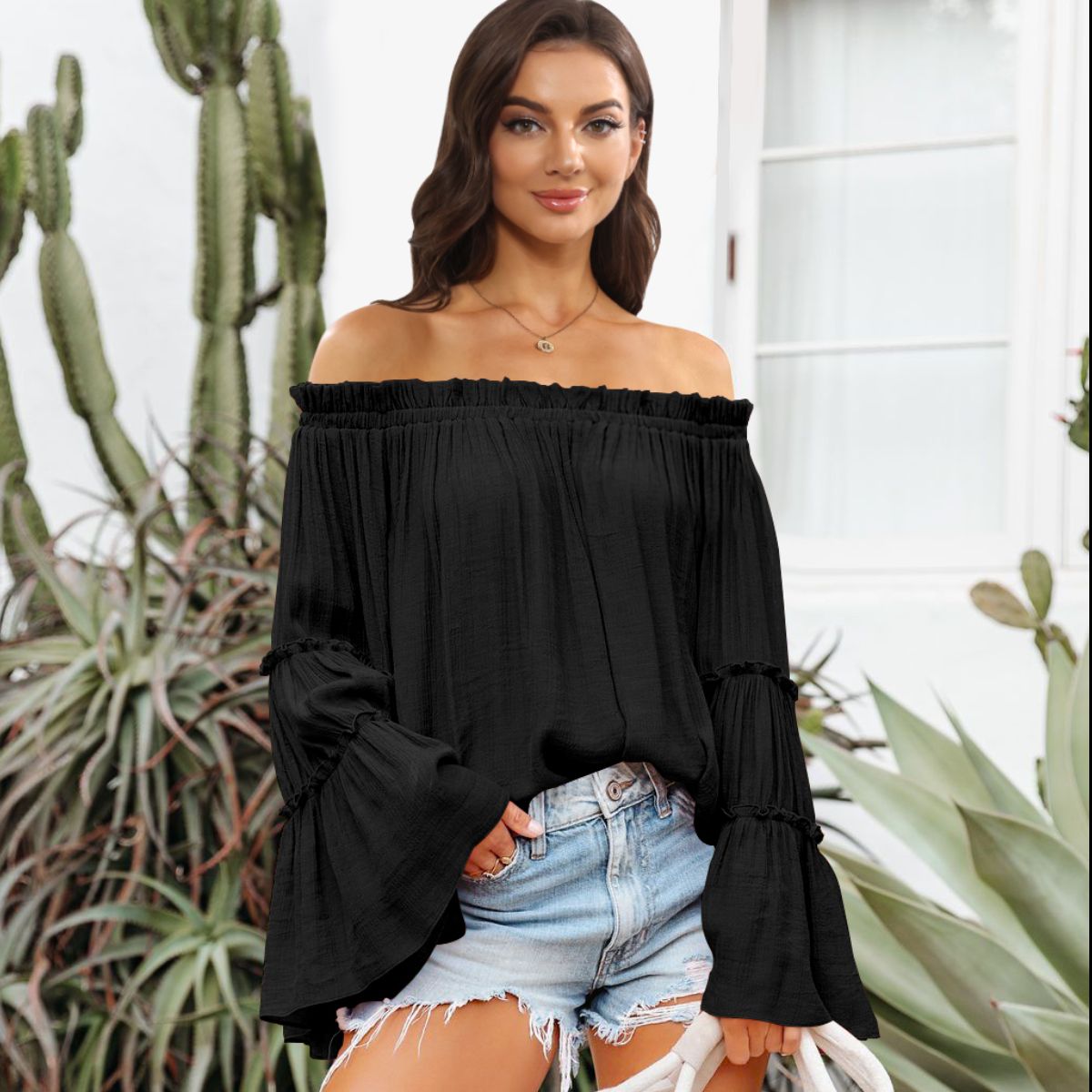 Off-Shoulder Frill Trim Blouse  choice of colors