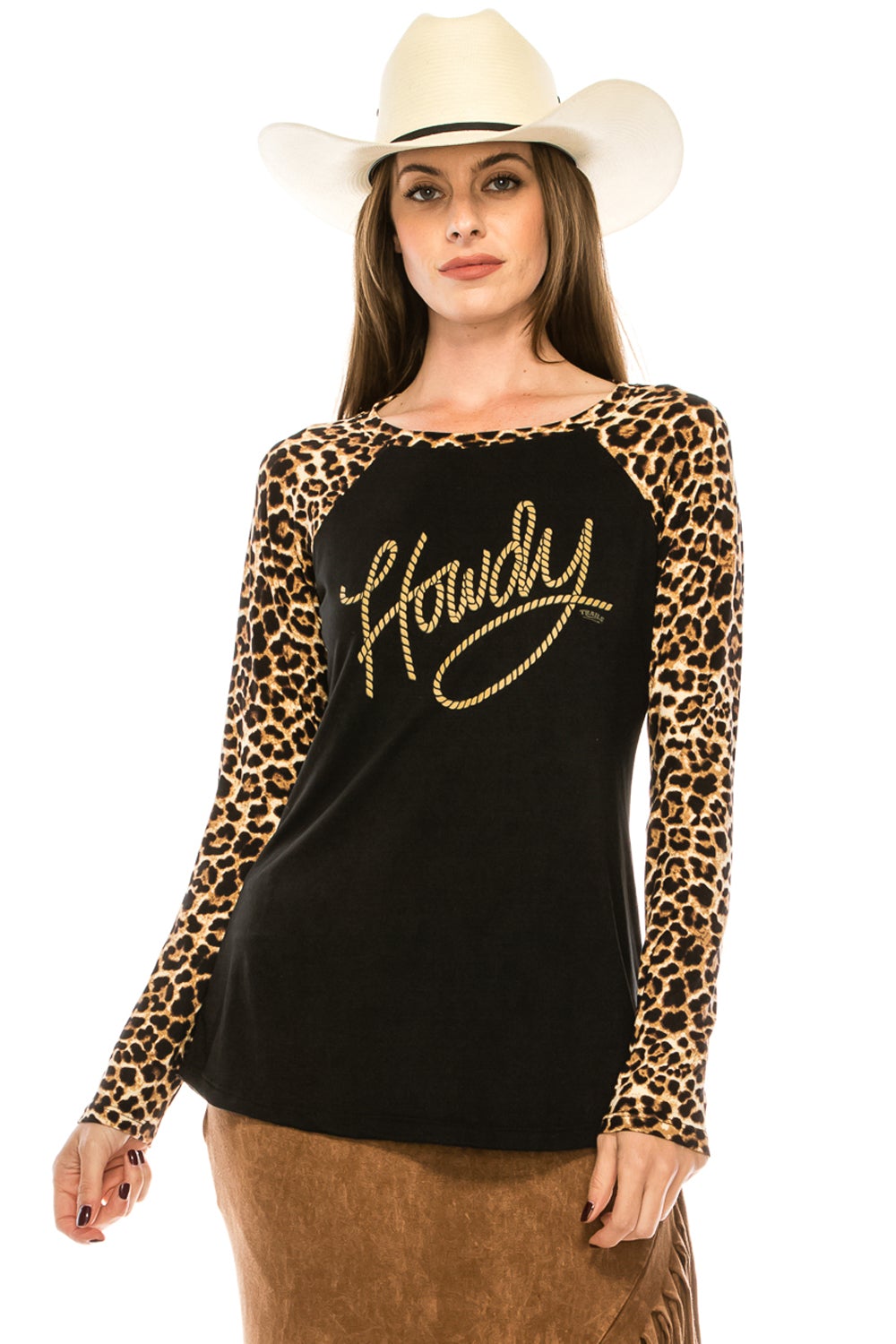 Howdy Leopard Raglan Shirt - ATTITUDE, bent, beth, bound, COUNTRY, COWGIRL, GIRL, hell, HOWDY, PLUS, rip, RODEO, SIZE, smooth, SUMMER, TANK, tennessee, TOP, TOPO, WESTERN - Shirts & Tops - Baha Ranch Western Wear