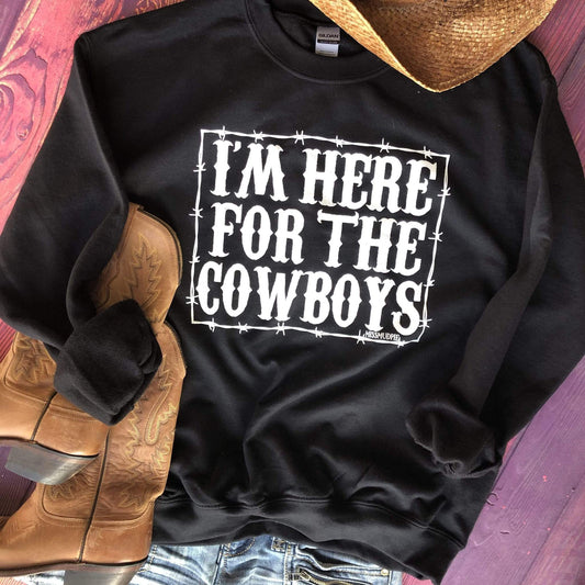 I'm Here for the Cowboys Sweatshirt - boot, boots, cowboy hat, cowgirl, cowgirl hat, horseshoe, horseshoes, southwestern, sweat shirt, sweater, sweatshir, sweatshirt, western, white, white sweatshirt -  - Baha Ranch Western Wear