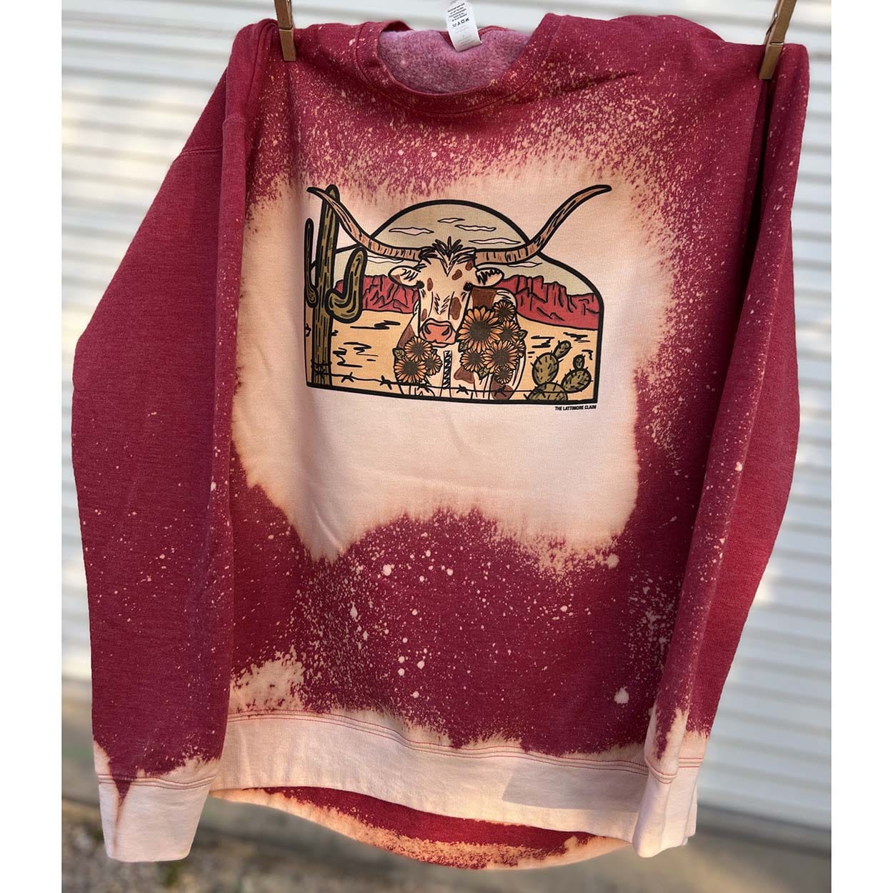 Laredo Longhorn Sweatshirt - bleached, bleached sweatshirt, bull, graphic, laredo, longhorn, longhorn bull, longhorn cow, longhorns, maroon, red, red color, shirt, southwestern, sweatshiet, sweatshir, sweatshirt, t, tee, unisex, unisex fit, unisex shirt, unisex style, western -  - Baha Ranch Western Wear