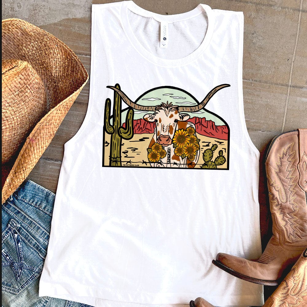 Longhorn Sunshine Tank - cactus, cactus design, cactus print, cosmic, cosmic cowboy, cowboy boots, cowgirl, cowgirl style, muscle tank, southwestern, tank top, tank tops, western, westerngraphictee, womens muscle tank, womens tank -  - Baha Ranch Western Wear