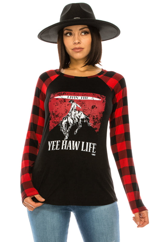 Livin the Yeehaw Life Raglan Shirt - ATTITUDE, bent, beth, bound, bronc, bronc rider, buffalo plaid, COUNTRY, COWGIRL, GIRL, haw, hell, HOWDY, plaid, PLUS, rip, RODEO, SIZE, smooth, SUMMER, TANK, tennessee, TOP, TOPO, WESTERN, yee, yeehaw -  - Baha Ranch Western Wear
