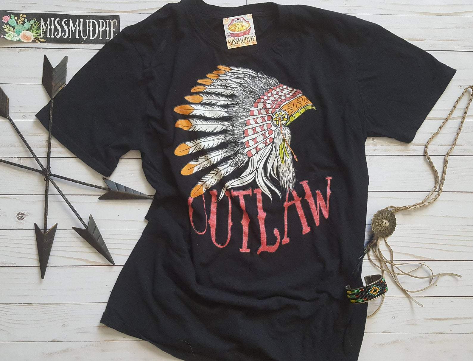 Outlaw Indian Headdress Tee - Choice of Color - graphic, headdress, indian, outlaw, rodeo, southwestern, tee, to, western -  - Baha Ranch Western Wear