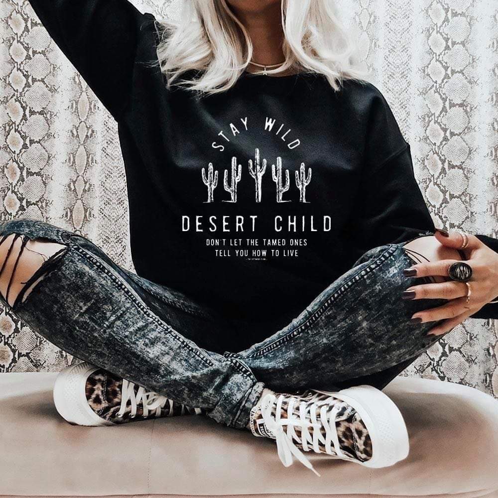 Desert Child Sweatshirt - #cowgirlbling, black sweatshirt, bohocowgirl, cactus, cactus print, cactusprint, cowgirl, desert, desert child, desertchild, desertprint, fall, shirt, southwestern, stay wild, stay wild child, sweatshirt, western -  - Baha Ranch Western Wear
