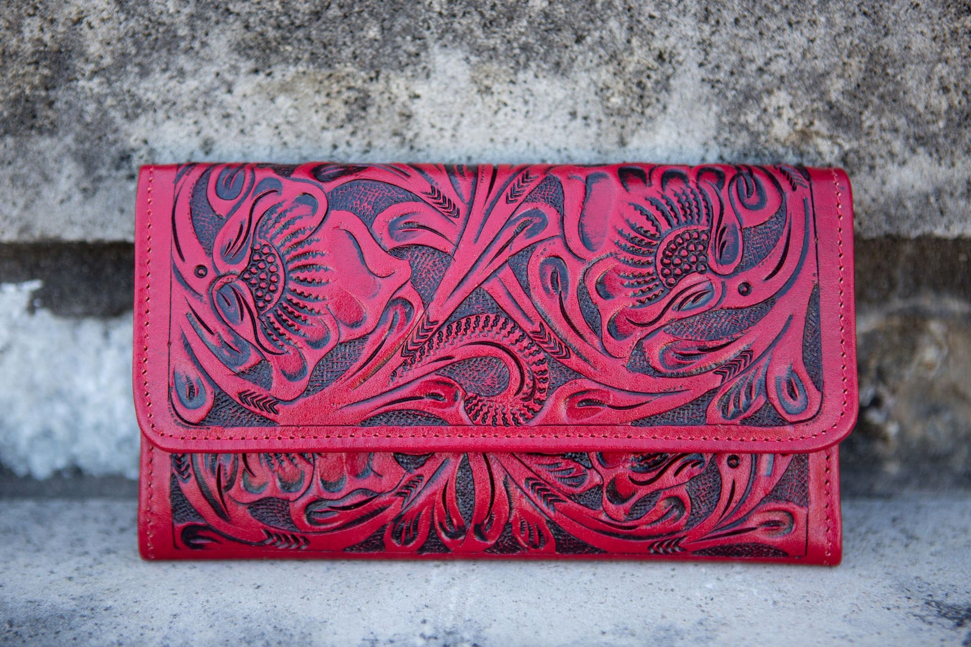Trifold Floral Tooled Leather Wallet - clutch, cowgirl, gift, leather, purse, southwestern, tooled, turquoise, wallet, western -  - Baha Ranch Western Wear