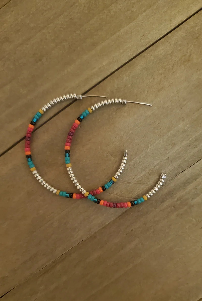 SANTA FE SILVER POST Large Hoop Earrings - beaded, beads, earrings, hoop, hoops, jewelry, native, PINK, southwestern -  - Baha Ranch Western Wear