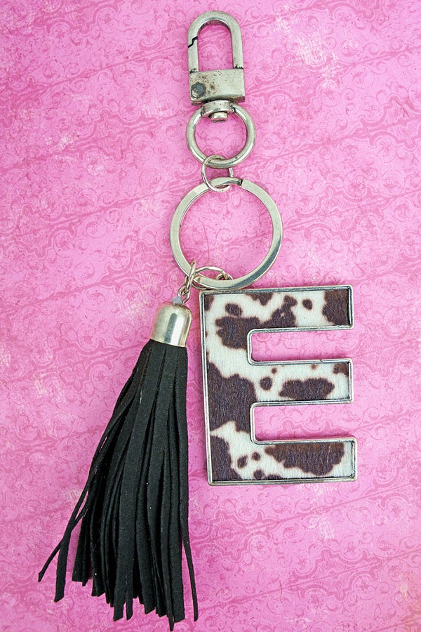 Black Cowhide Print Initial Keychain - chain, charm, cow, cowhide, cowprint, inital, key, keychain, little, purse - Necklaces - Baha Ranch Western Wear