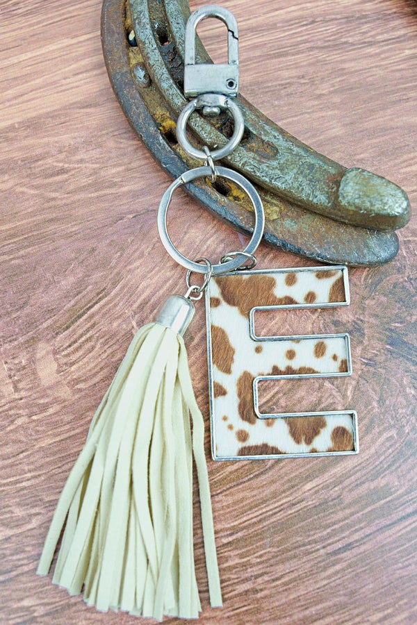 Brown Cowhide Print Initial Keychain - chain, charm, initial, key, keychain, keyvhain, kry, purse, pursecharm - Necklaces - Baha Ranch Western Wear