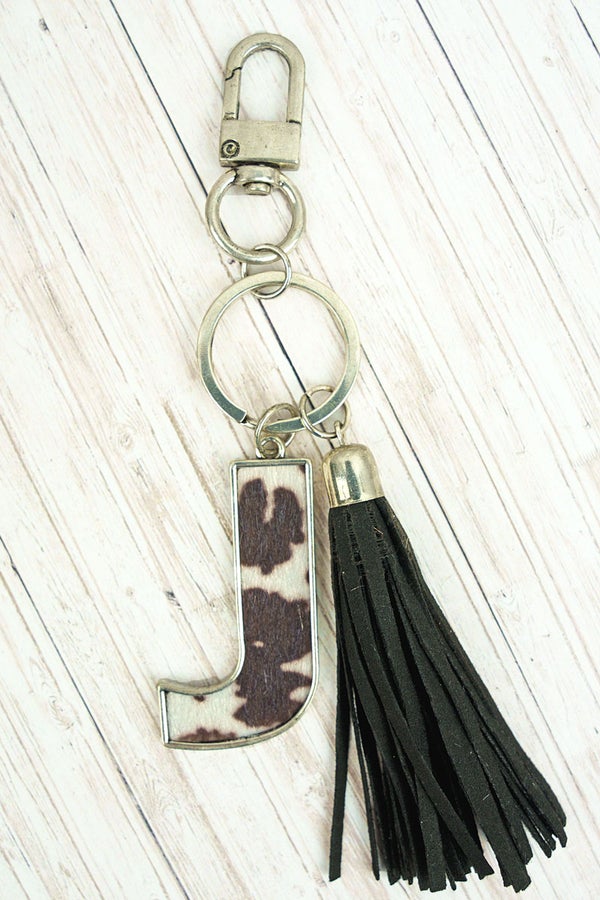 Black Cowhide Print Initial Keychain - chain, charm, cow, cowhide, cowprint, inital, key, keychain, little, purse - Necklaces - Baha Ranch Western Wear
