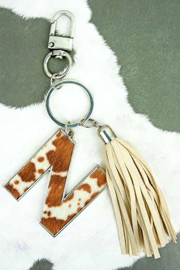 Brown Cowhide Print Initial Keychain - chain, charm, initial, key, keychain, keyvhain, kry, purse, pursecharm - Necklaces - Baha Ranch Western Wear