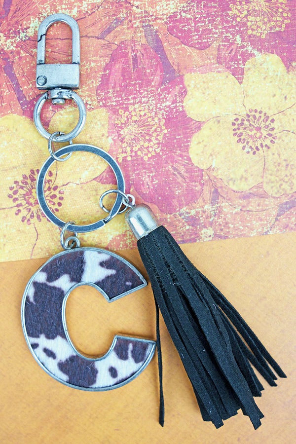 Black Cowhide Print Initial Keychain - chain, charm, cow, cowhide, cowprint, inital, key, keychain, little, purse - Necklaces - Baha Ranch Western Wear