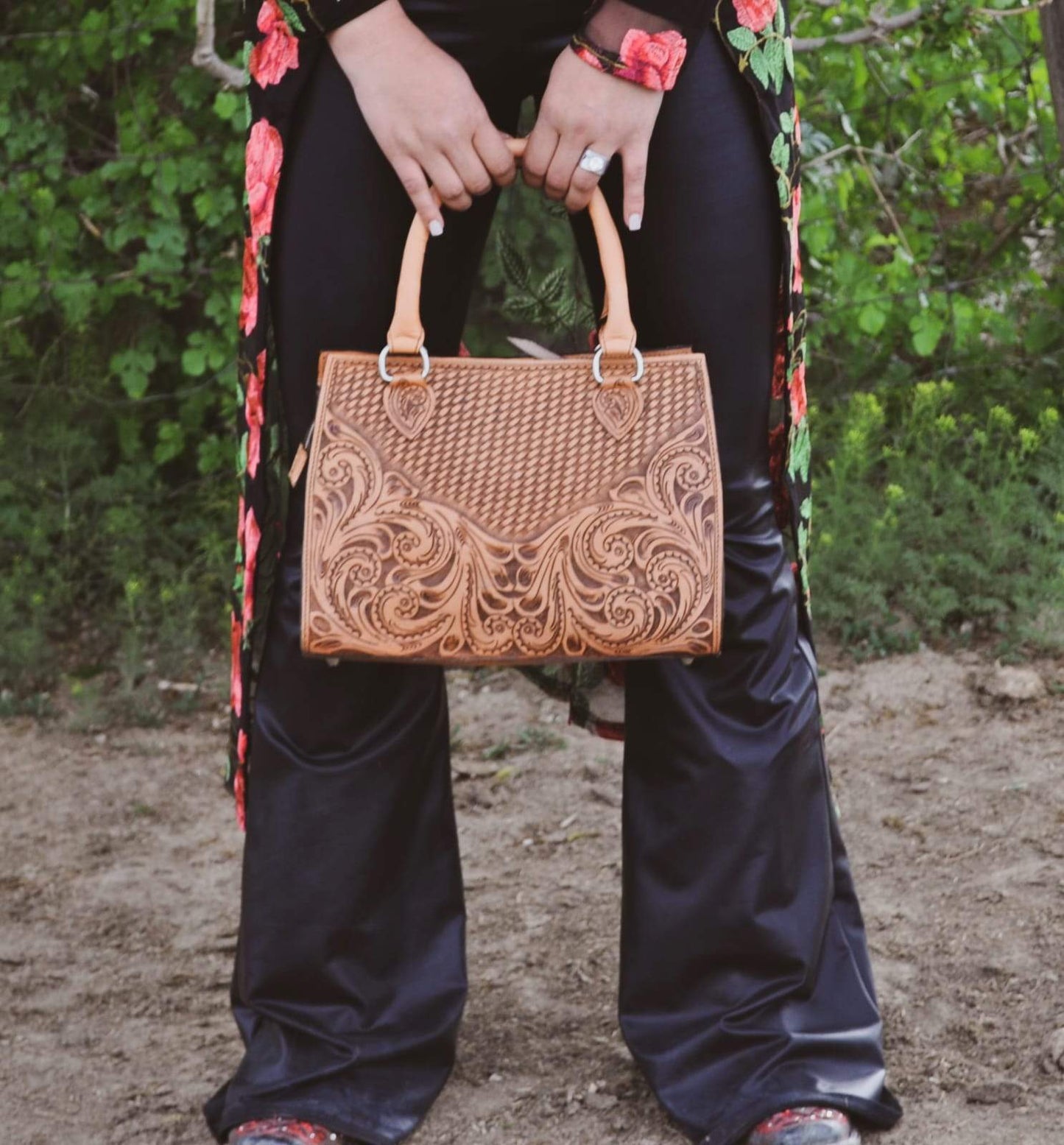 Hand Tooled Floral Leather Mini Tote - Choice of Colors -  -  - Baha Ranch Western Wear