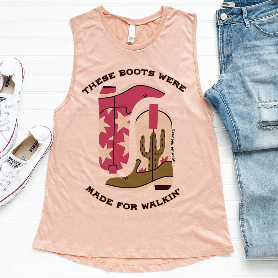 These Boots Were Made For Walkin Tank - cactus, cactus design, cactus print, cowboy boots, muscle tank, southwestern, tank top, tank tops, western, westerngraphictee, womens muscle tank, womens tank -  - Baha Ranch Western Wear