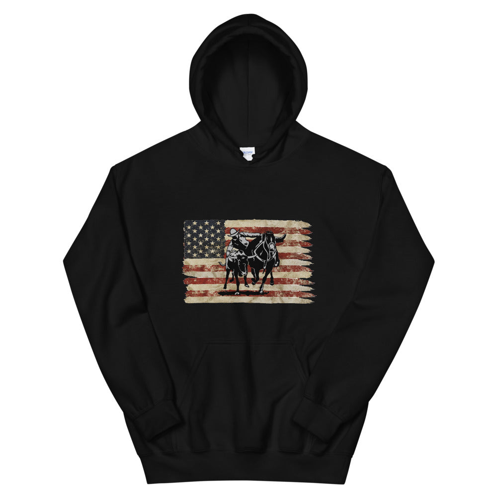 Bull Dogger Flag Hoodie - america, american, american flag, black hoodie, bull dogger, bull dogging, gray hoodie, hoodie, hoodies, white hoodie -  - Baha Ranch Western Wear