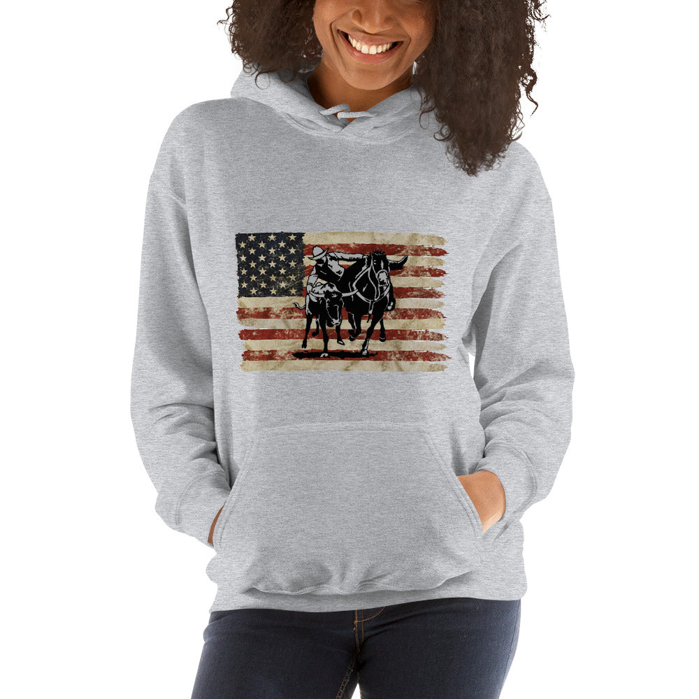 Bull Dogger Flag Hoodie - america, american, american flag, black hoodie, bull dogger, bull dogging, gray hoodie, hoodie, hoodies, white hoodie -  - Baha Ranch Western Wear