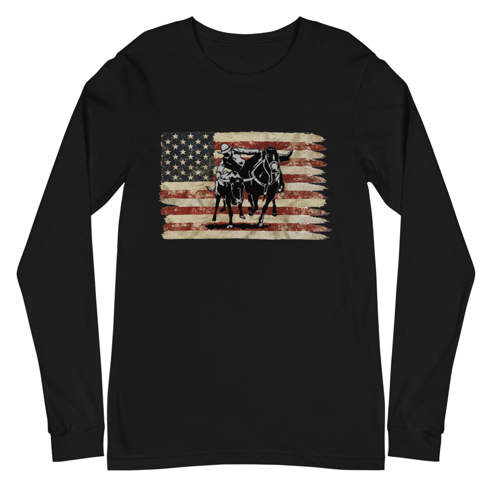 Bull Dogger Flag Long Sleeve Tee - american, american flag, bull dogger, bull dogging, long sleeve, long sleeve tee, tee, tshirt -  - Baha Ranch Western Wear