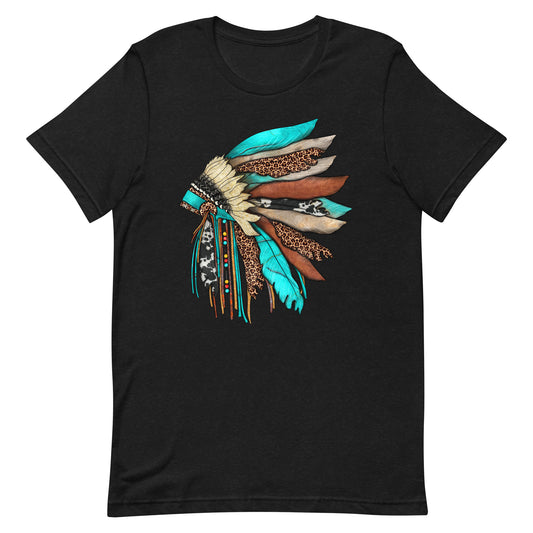 Turquoise Head Dress Unisex Tee - cow print, head dress, headdress, indian, mens, native, tee, tshirt, unisex, western, womens -  - Baha Ranch Western Wear