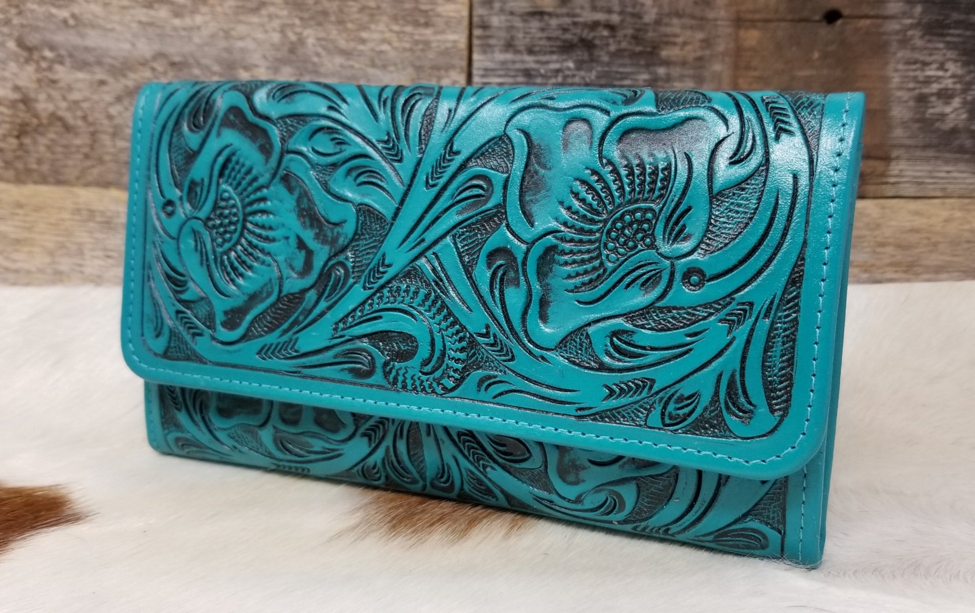 Trifold Floral Tooled Leather Wallet - clutch, cowgirl, gift, leather, purse, southwestern, tooled, turquoise, wallet, western -  - Baha Ranch Western Wear