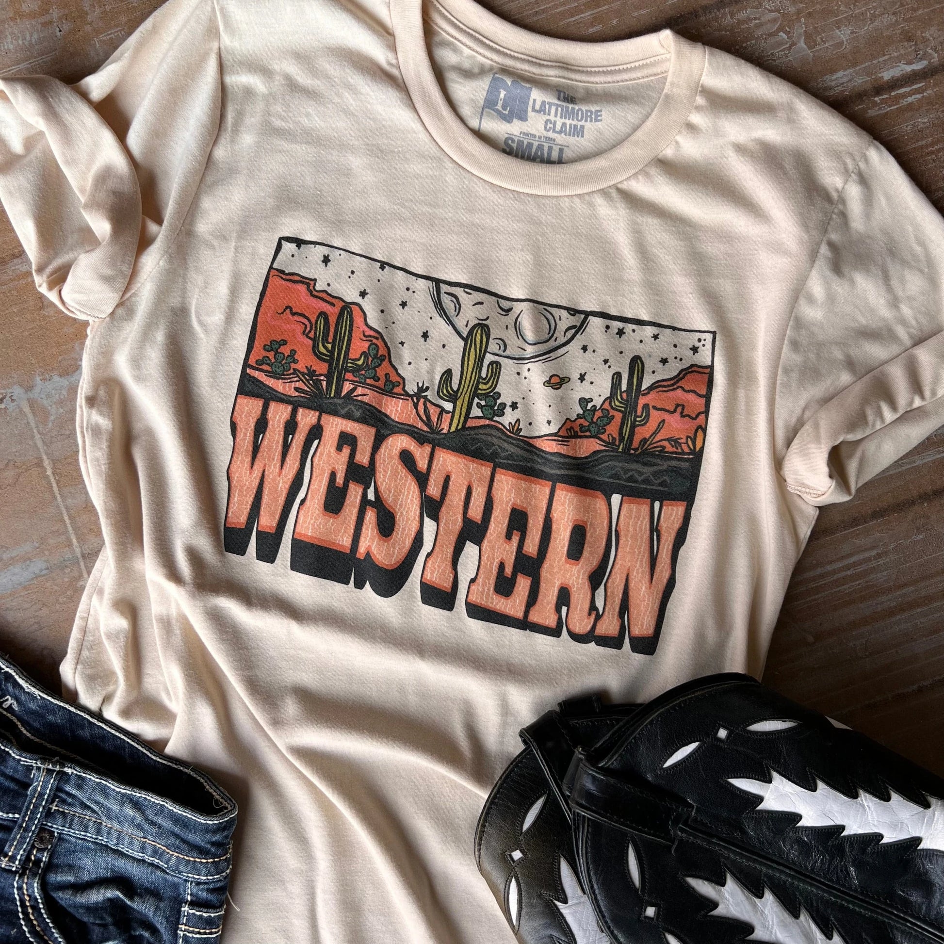 Western Moon Tee - cowgirls, cows, desert, desert graphic, desert print, desert scene, desert tee, farm, graphic, shirt, tee, tees, westernstyledesert -  - Baha Ranch Western Wear