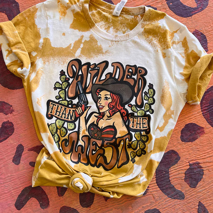 Wilder Than The West Bleached  Tee - bleachedtees, cowgirl, retro, shirt, t, tee, tees, than, the, theme, vintage, west, western, wilder -  - Baha Ranch Western Wear