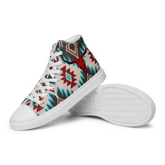 Red Aztec Bull Women’s high top canvas shoes - aztec, aztec print, bull, bull skull, canvas, high top shoes, high tops, red bull skull, shoes -  - Baha Ranch Western Wear