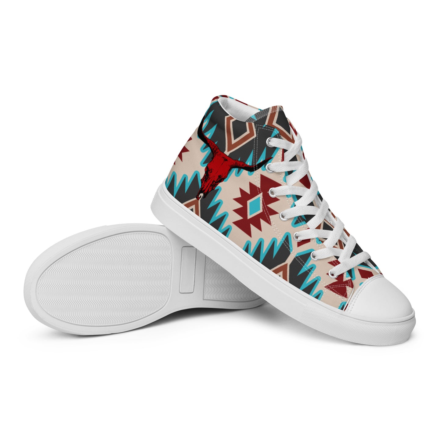 Red Aztec Bull Women’s high top canvas shoes - aztec, aztec print, bull, bull skull, canvas, high top shoes, high tops, red bull skull, shoes -  - Baha Ranch Western Wear