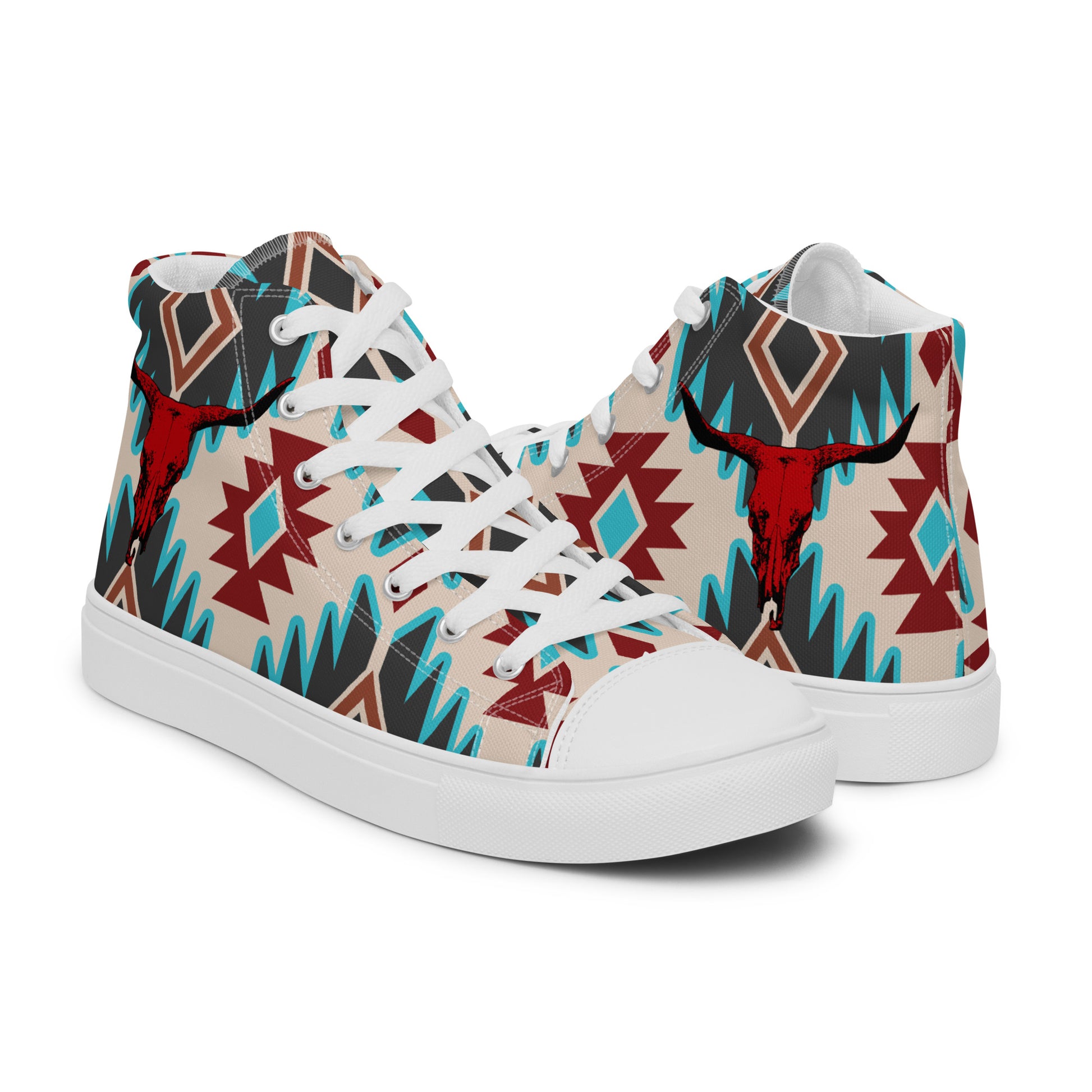 Red Aztec Bull Women’s high top canvas shoes - aztec, aztec print, bull, bull skull, canvas, high top shoes, high tops, red bull skull, shoes -  - Baha Ranch Western Wear